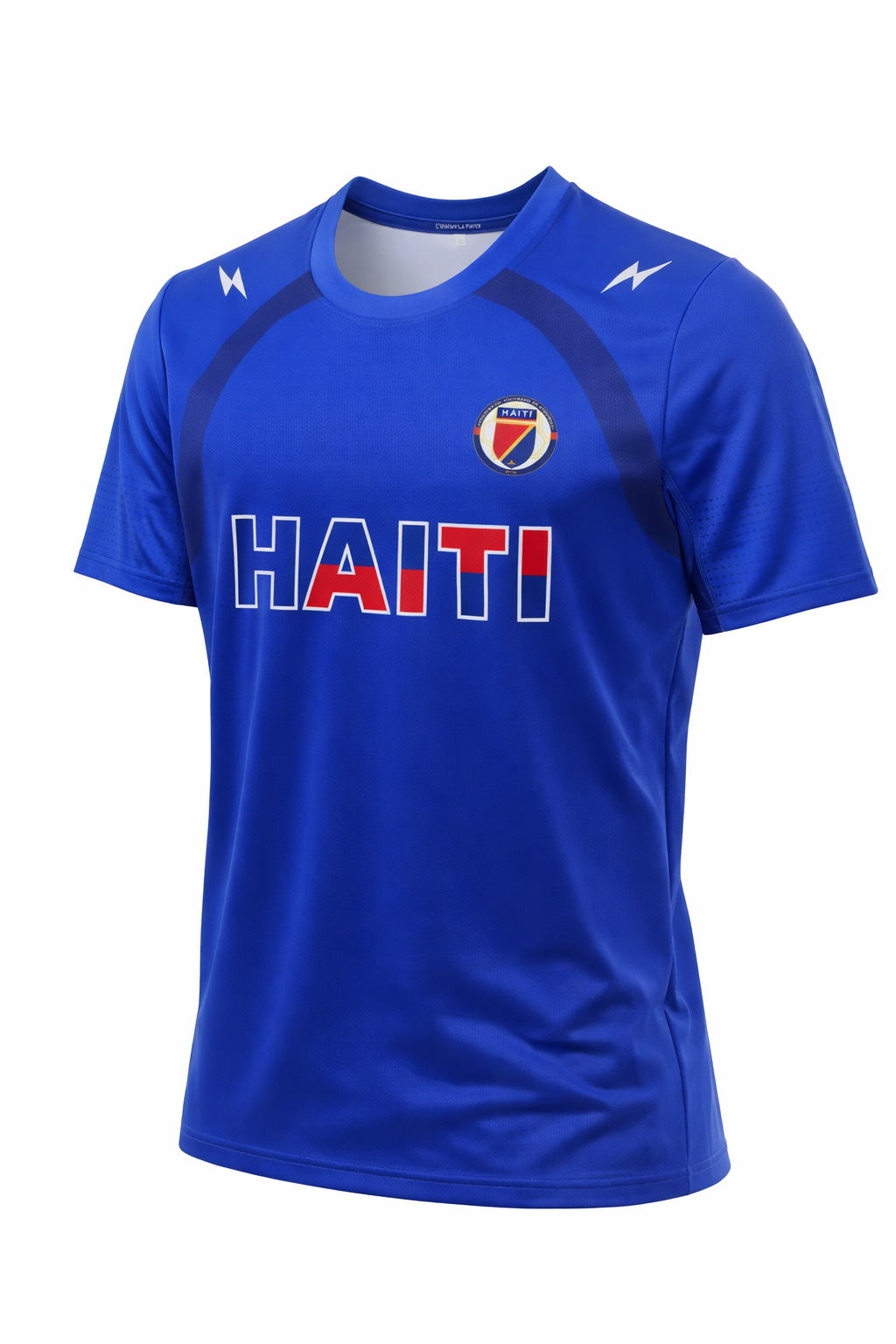 Blue sports jersey with 'Haiti' text and logo on a white background