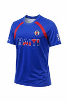 Blue sports jersey with 'Haiti' text and red accents on a white background