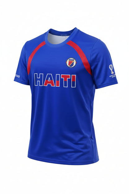 Blue sports jersey with 'Haiti' text and red accents on a white background